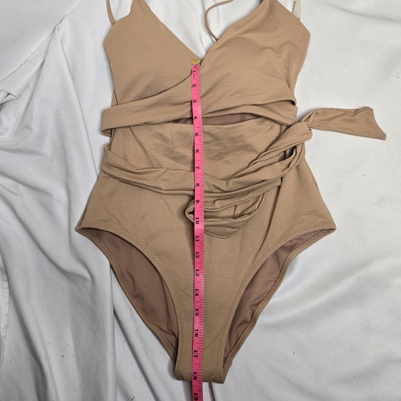 NEW Aerie LONG beige tan textured shine pique wrap‎ one piece swimsuit M - Picture 8 of 8